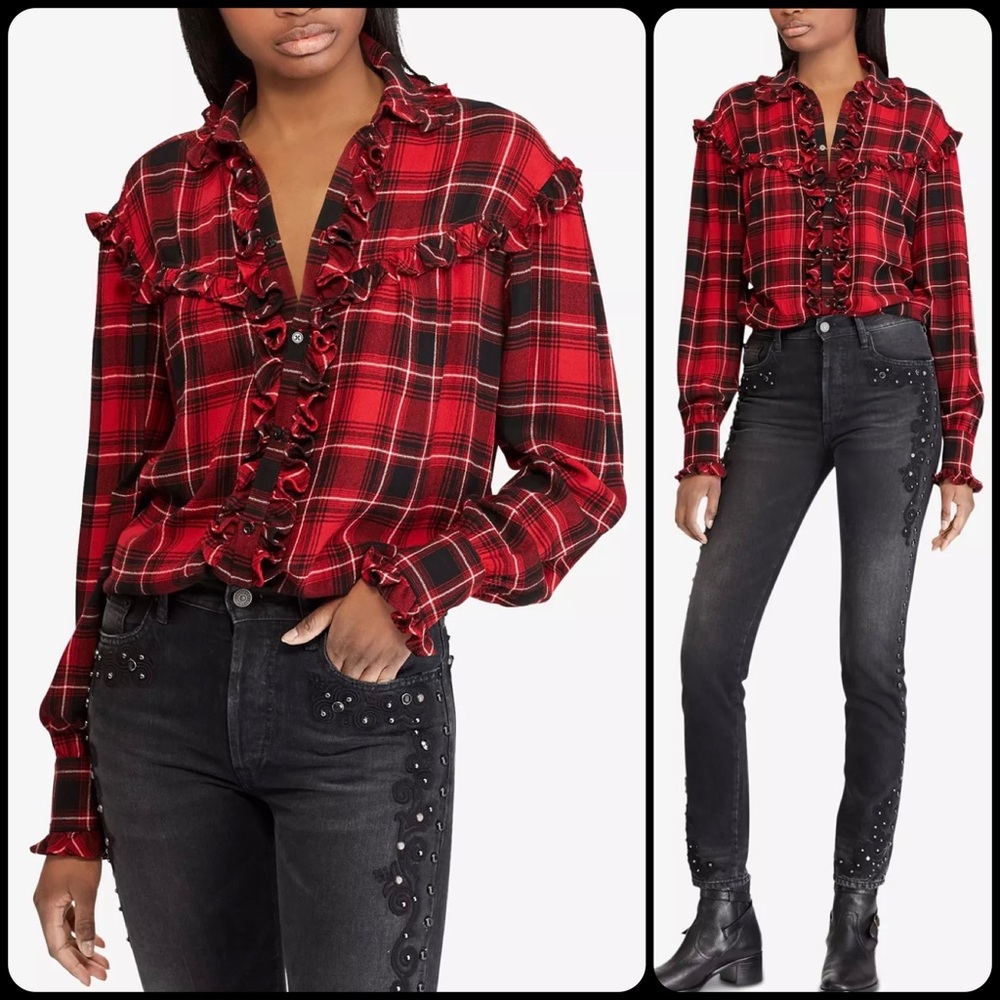 EUC Polo Ralph Lauren Red & Black Plaid Twill Button Down Shirt w/ Ruffles